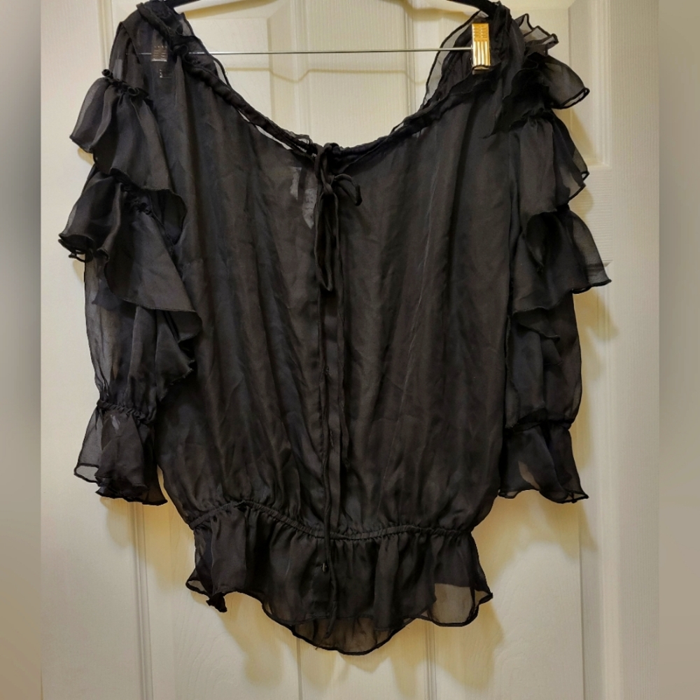RYU Anthropologie cute ruffle black blouse